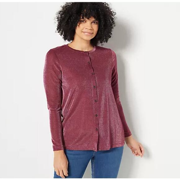 Logo Layers Lori Goldstein Metallic Mesh Cardigan Mulled Wine L Large - Picture 2 of 12